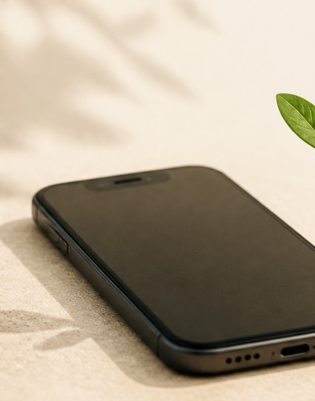 木の机の上に置かれたスマートフォンと、そこから芽吹いた若い植物